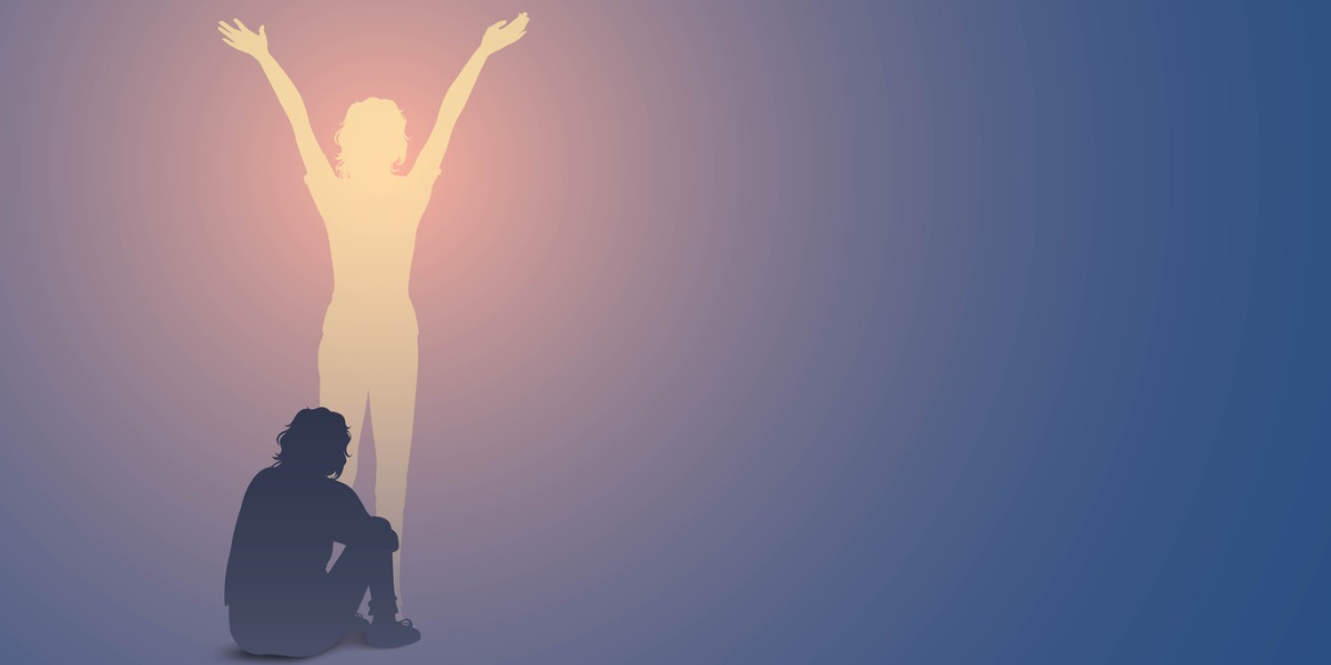 illustration of depression person with shadow of recovering happy person with hands raised