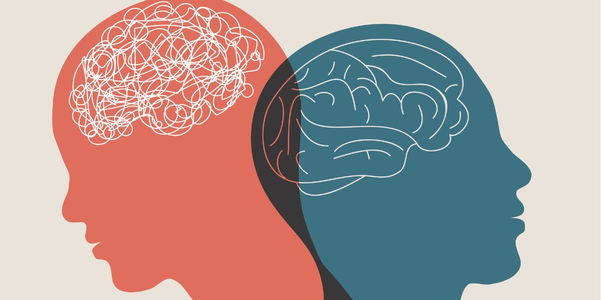 metaphor male and female head and brain illustration for bipolar disorder